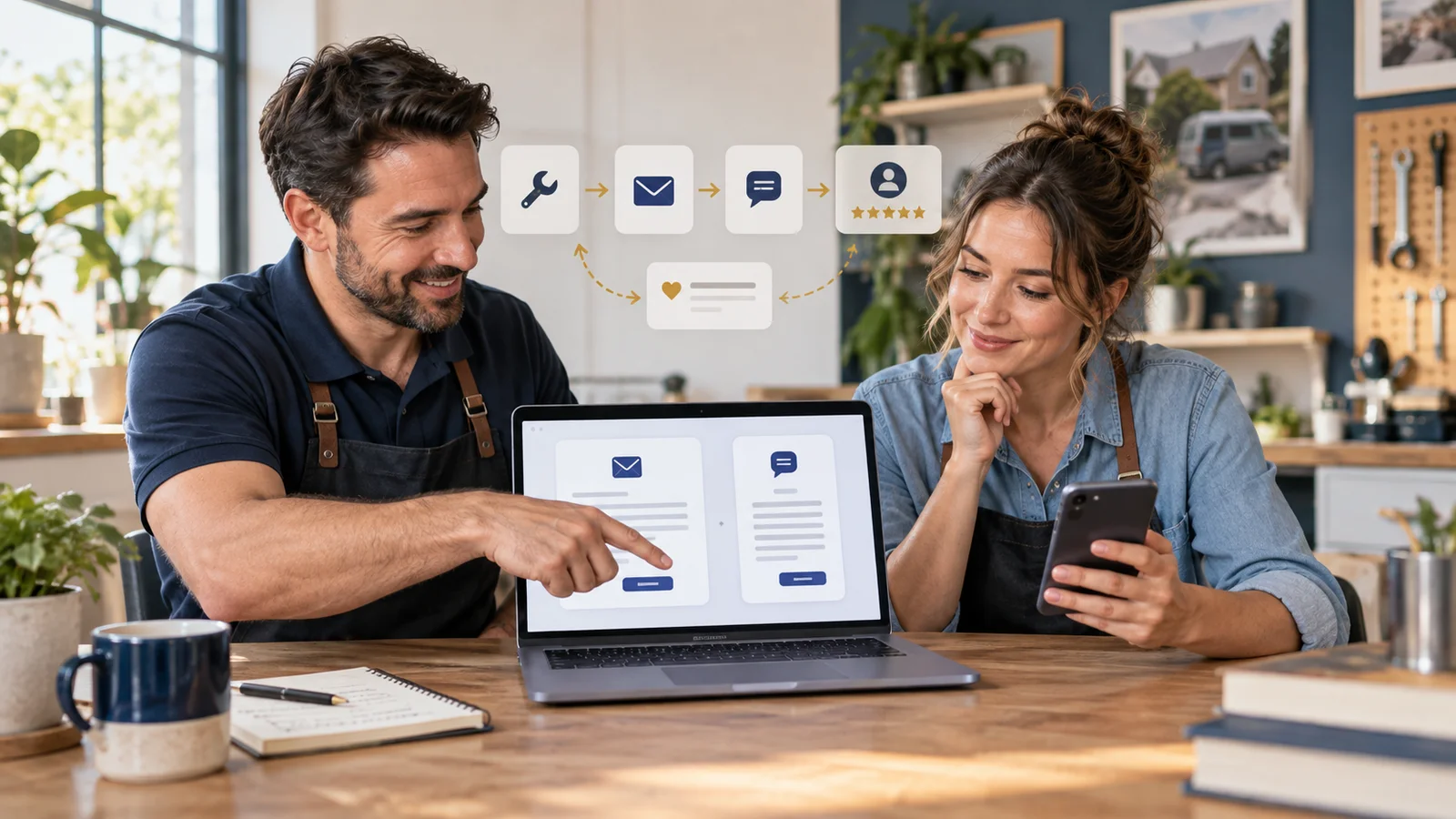 Local-business colleagues comparing email and SMS review request journeys on a laptop and phone