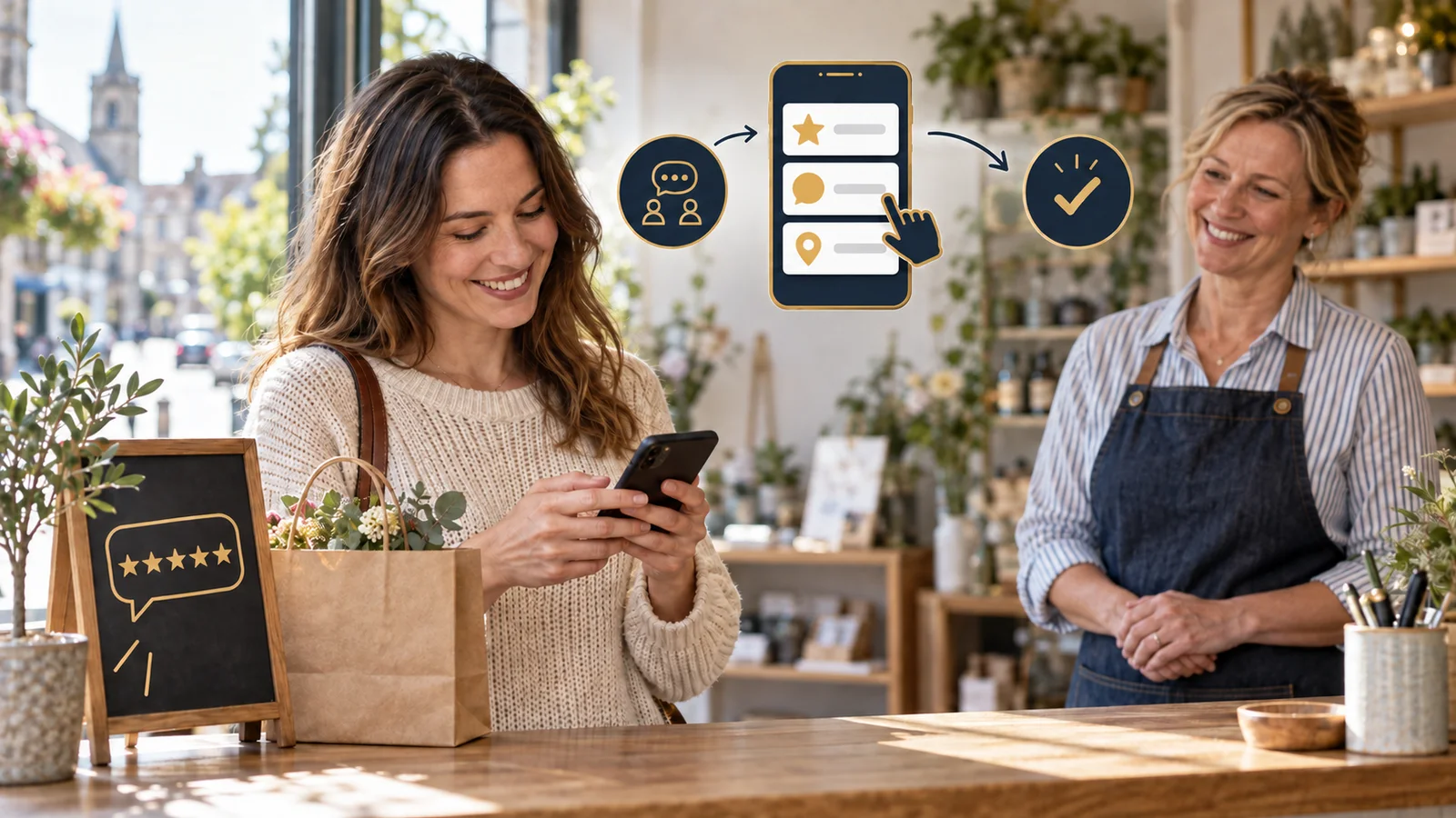 Customer choosing an easy unbranded review route on a smartphone while a local-business owner gives them space