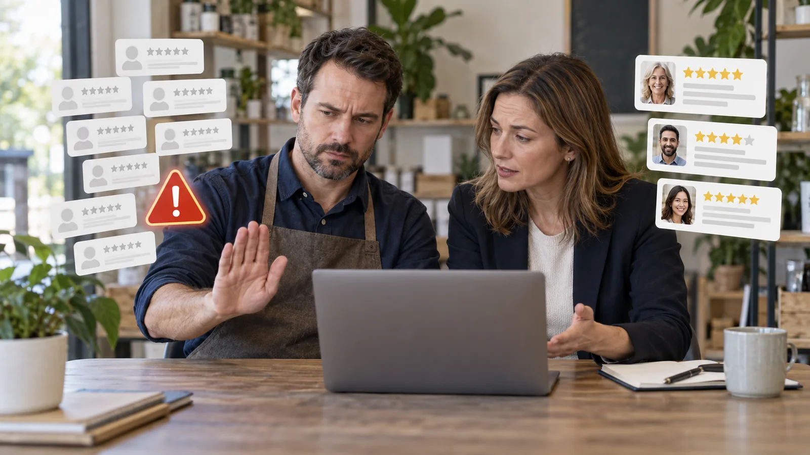 Business owner and adviser rejecting suspicious duplicated review profiles on a laptop