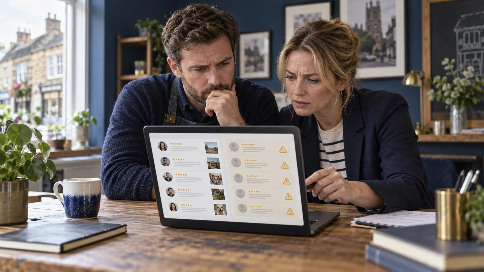 Local-business owner and colleague examining suspicious and genuine review patterns on a laptop