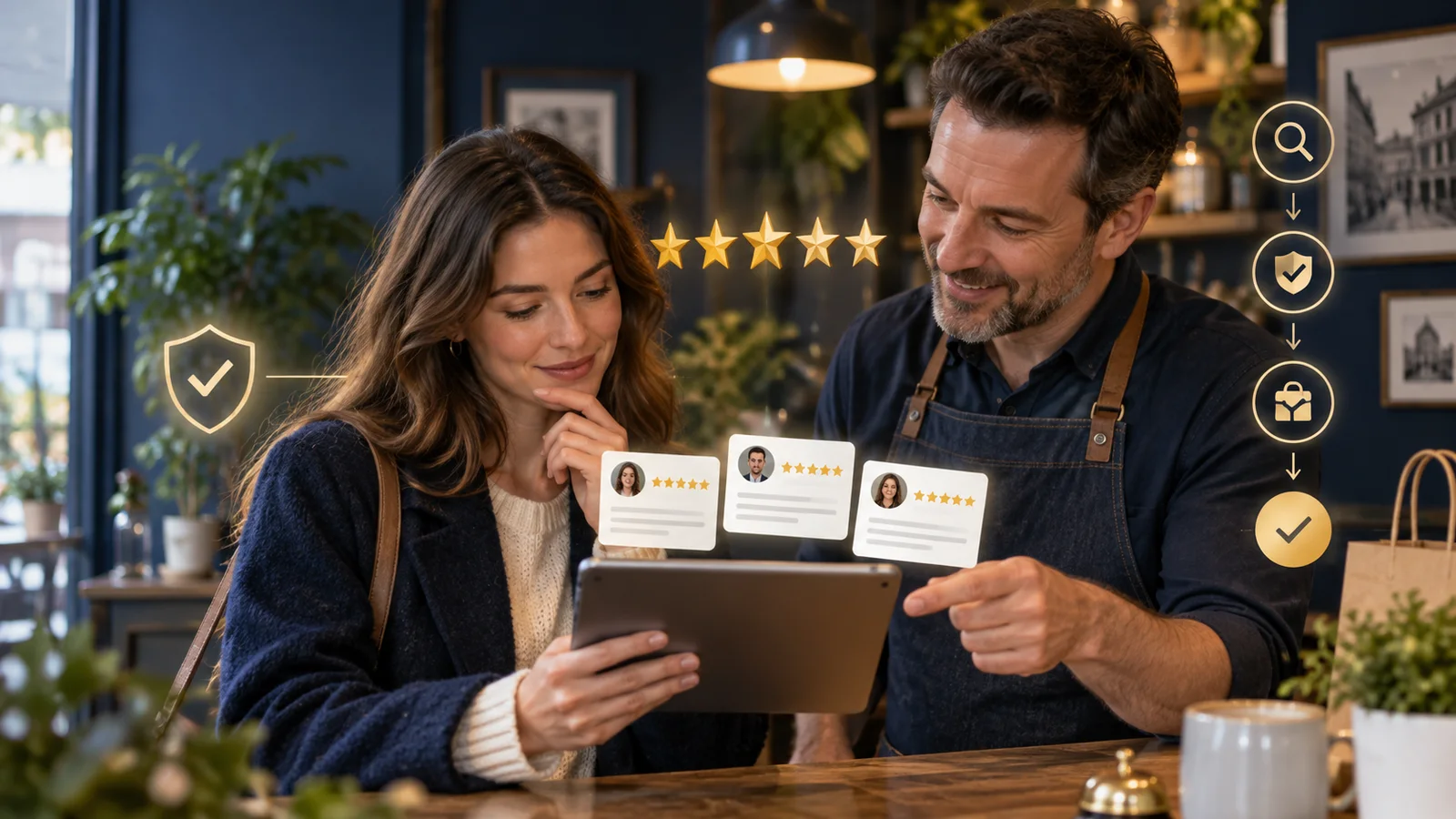 Customer and local-business owner reviewing credible five-star evidence on a tablet