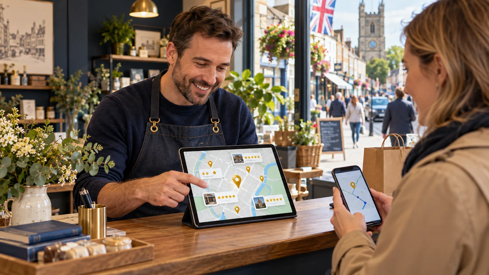Local shop owner showing a customer map locations and review evidence on a tablet