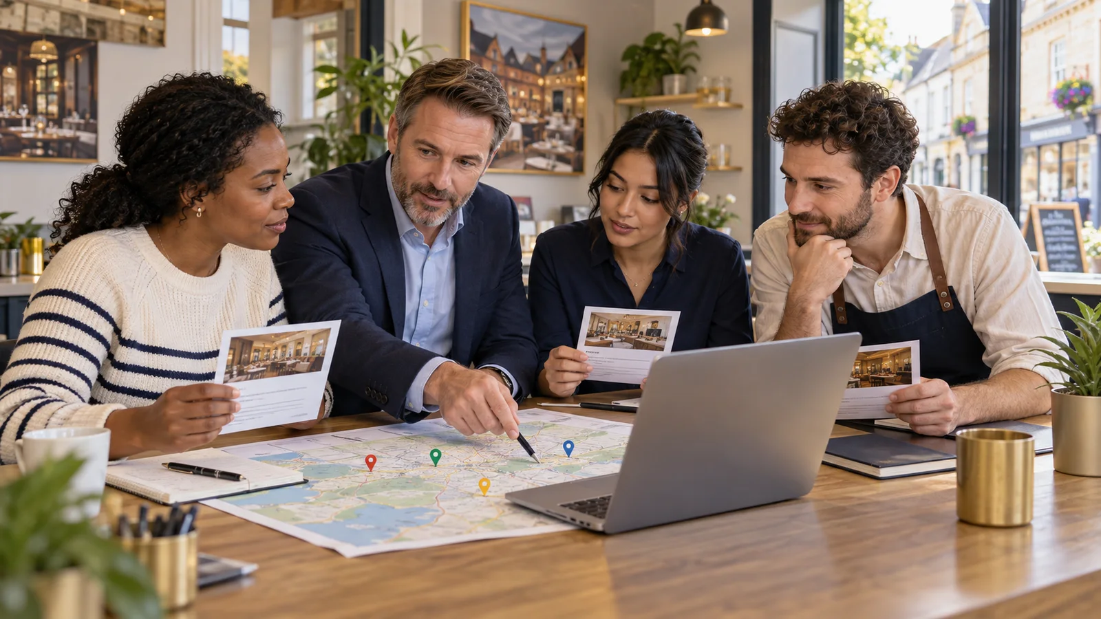 Managers from several local-business locations comparing review performance on a laptop and location cards