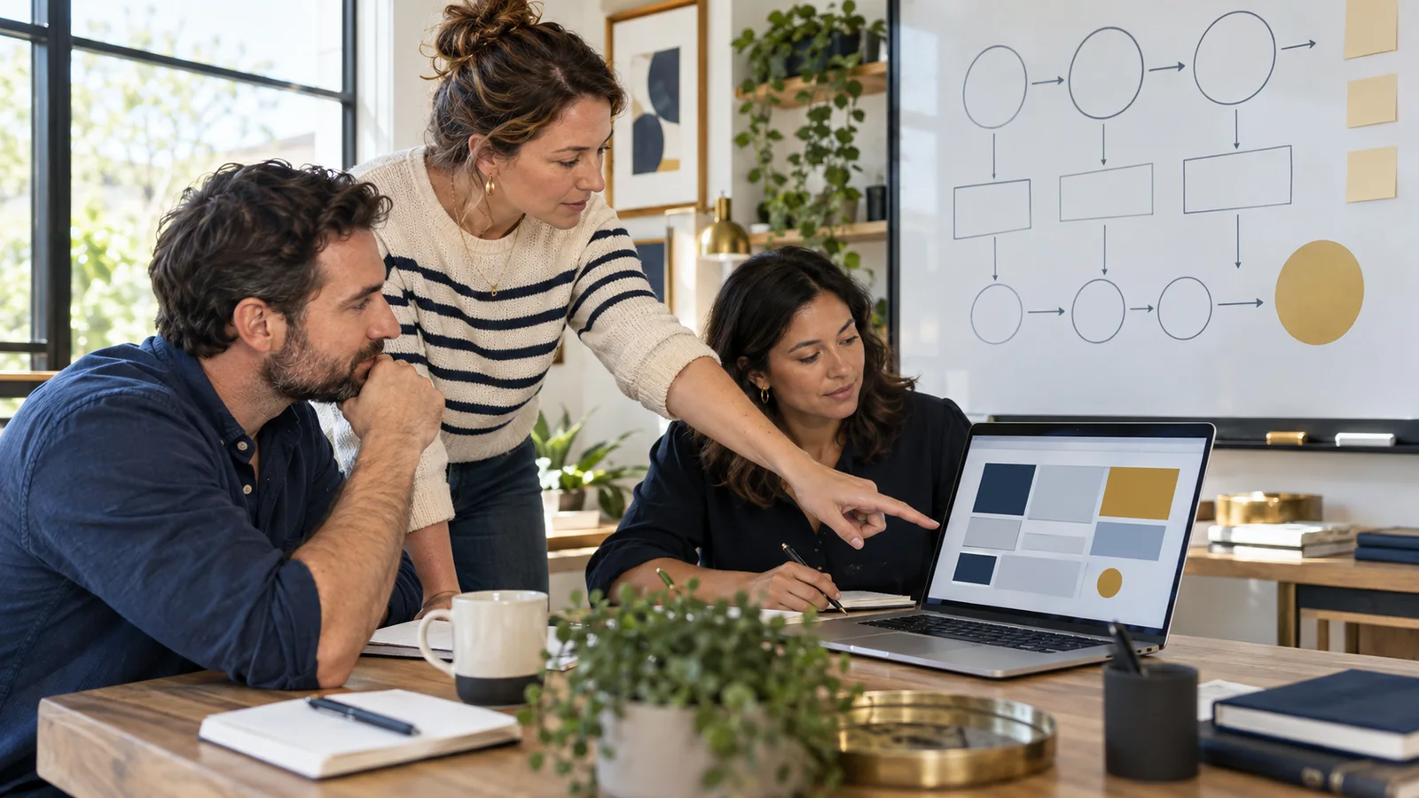 A local-business team comparing customer feedback patterns with a service journey map