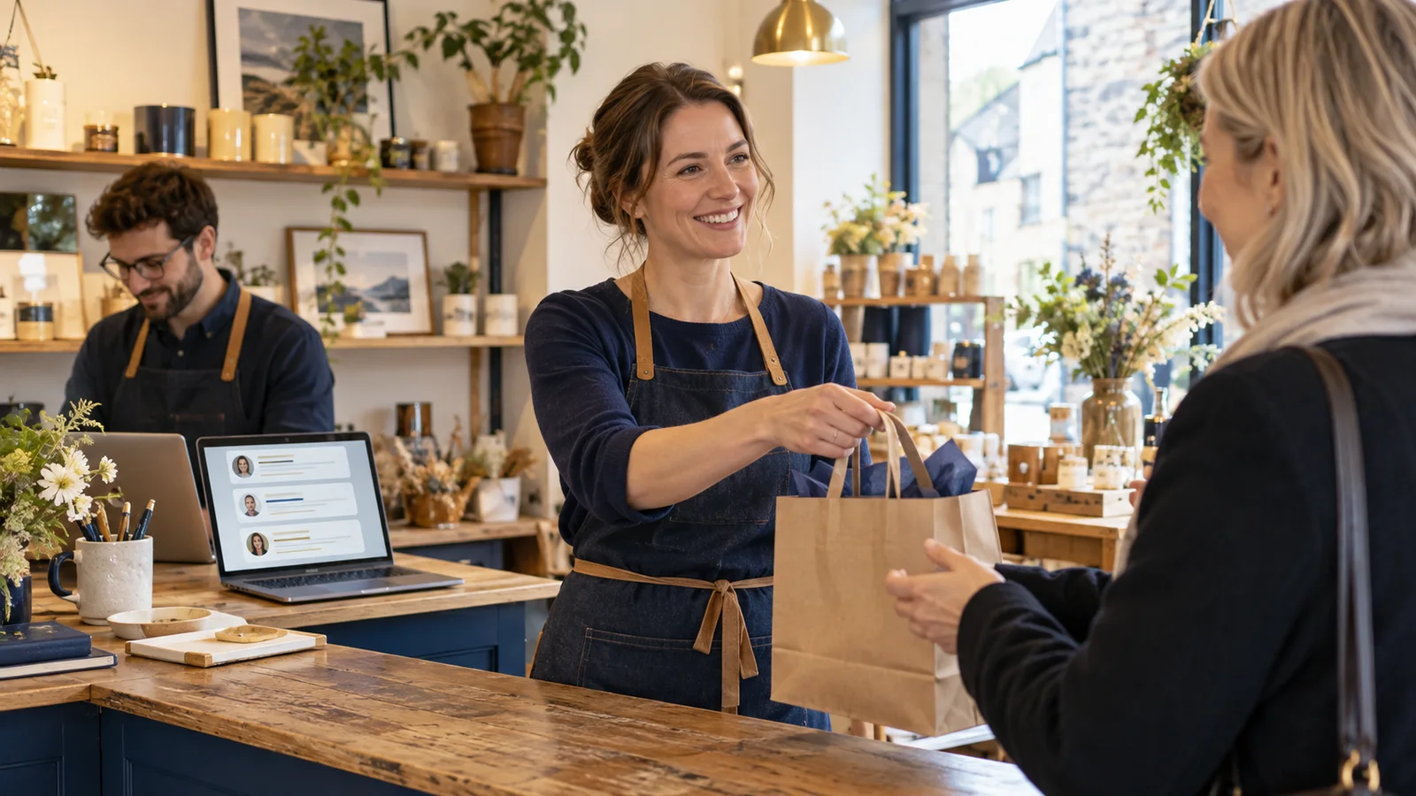 A welcoming local-business owner serving a customer while a colleague manages online feedback